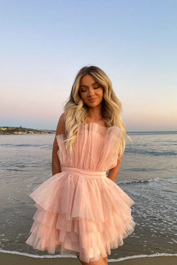 Luolandi Unique Pink Strapless Tiered Cake Homecoming Dress With Layers Short Prom Dresses Beautiful
